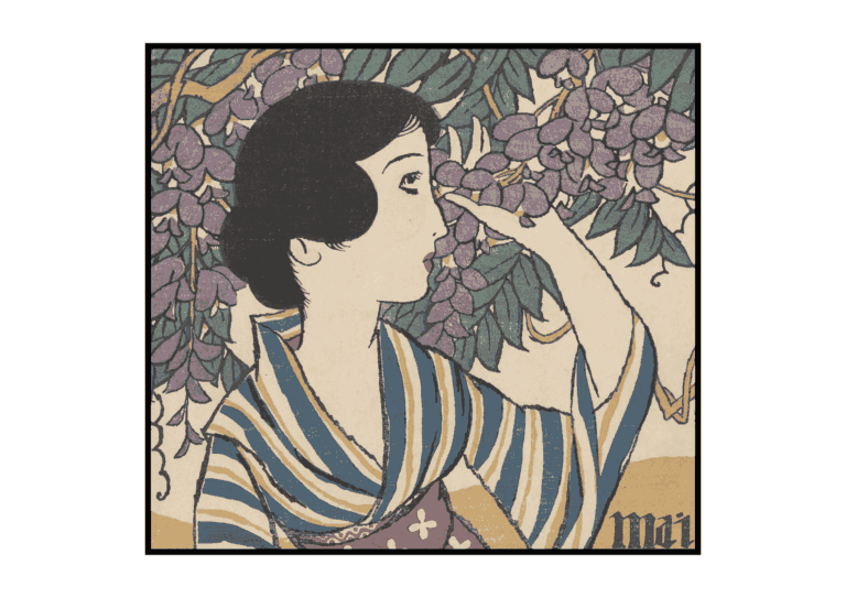 藤の花と女性の塗り絵イラスト
