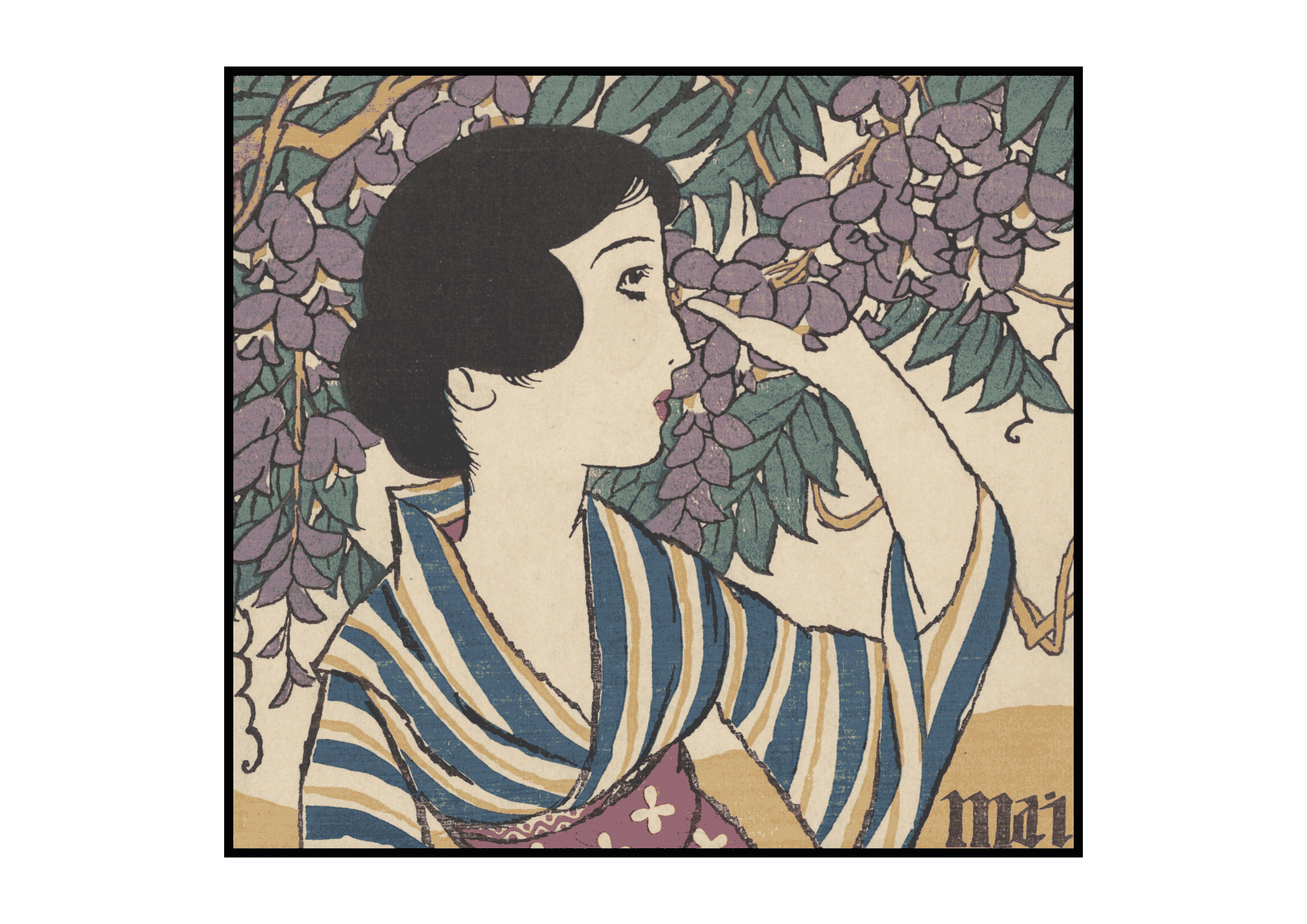 藤の花と女性の無料ぬりえイラスト|高齢者向け|懐かしく塗りやすい|春の季節素材|ダウンロード