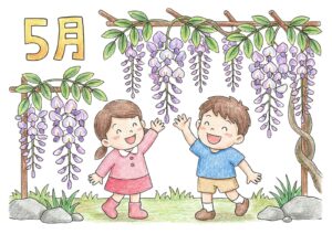 5月の藤の花ぬりえ無料ダウンロード｜子供向け塗り絵イラストフリー画像素材の塗り絵イラスト カラー見本（無料・印刷OK）