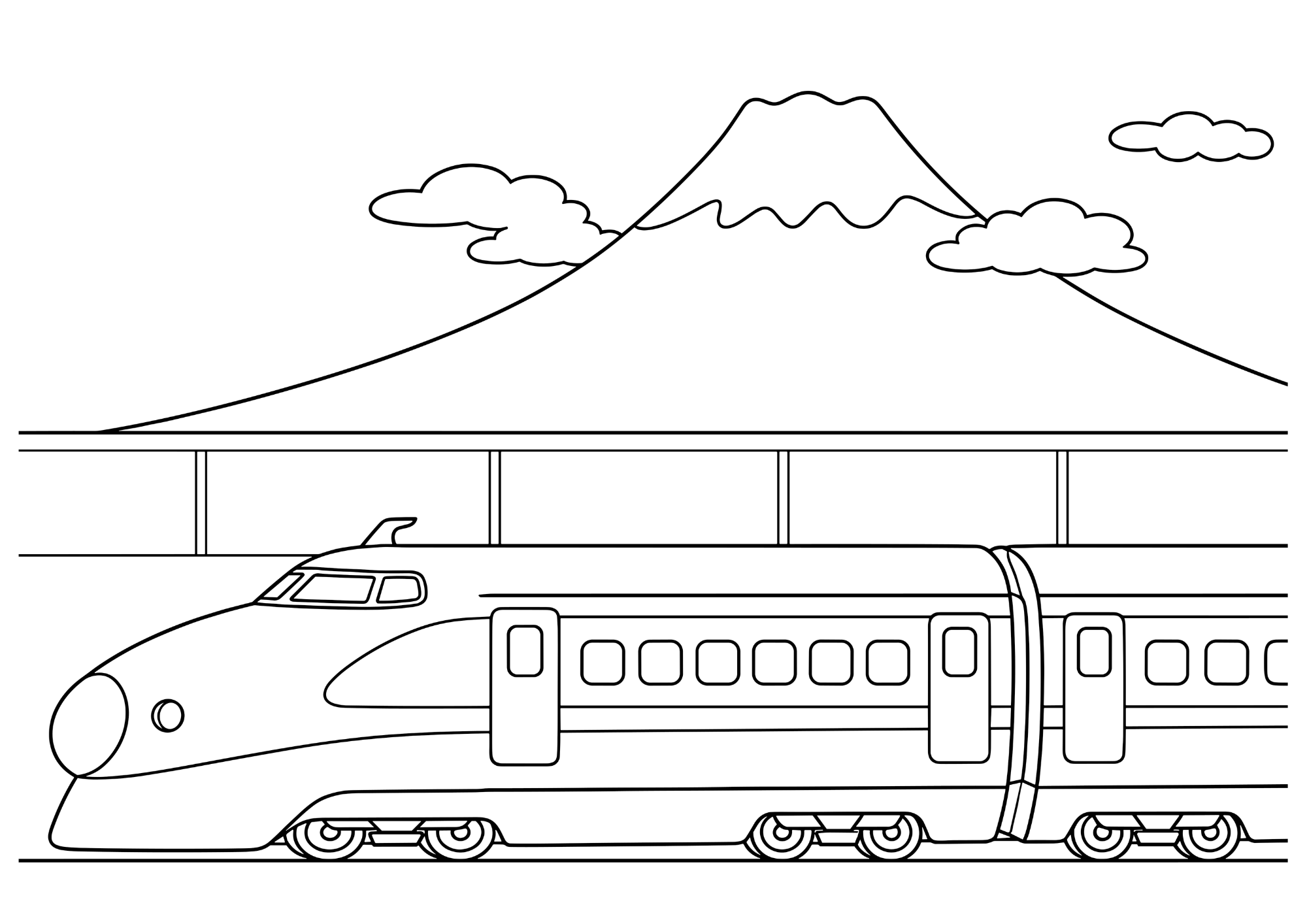 富士山と新幹線の塗り絵 白黒