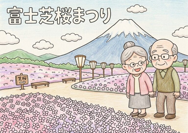 5月の富士山と芝桜まつりの塗り絵イラスト 春の風景 無料ダウンロード