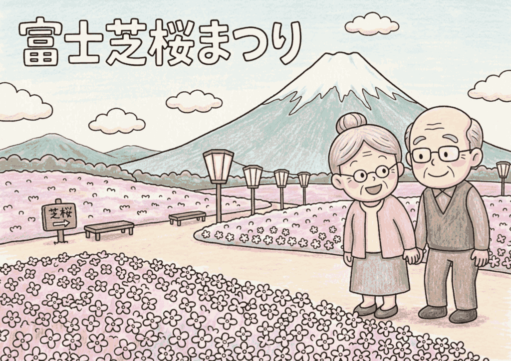 富士山と芝桜まつりの塗り絵イラスト｜老夫婦が手をつなぐ春の風景 無料ダウンロード