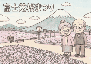 富士山と芝桜まつりの塗り絵イラスト｜老夫婦が手をつなぐ春の風景 無料ダウンロード