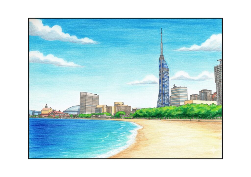 福岡タワーの塗り絵イラスト カラー見本（無料・印刷OK）