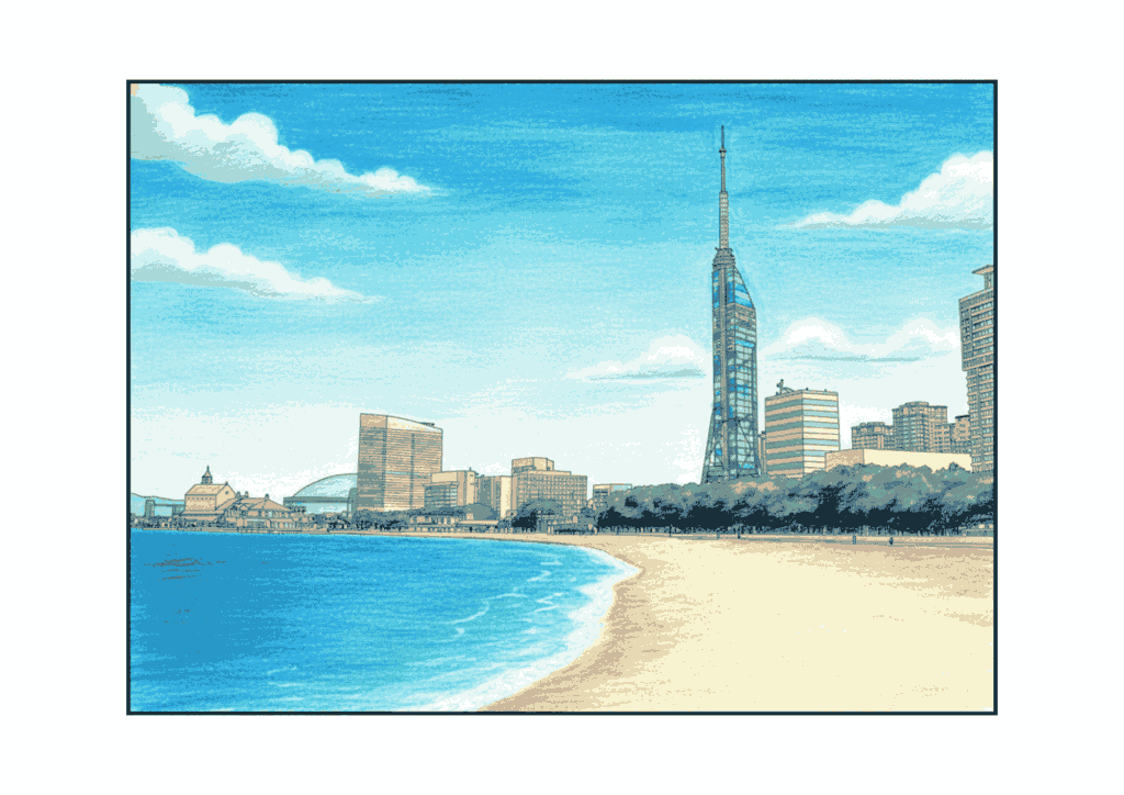 福岡タワーの無料ぬりえイラスト｜大人向け｜細かい描写で塗りごたえあり｜風景塗り絵｜ダウンロード