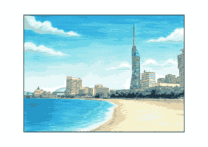福岡タワーの無料ぬりえイラスト｜大人向け｜細かい描写で塗りごたえあり｜風景塗り絵｜ダウンロード