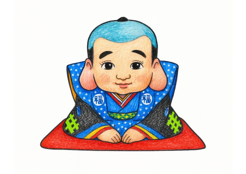 福助人形のぬり絵イラストの塗り絵イラスト カラー見本（無料・印刷OK）