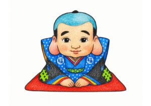 福助人形のぬり絵イラストの塗り絵イラスト カラー見本（無料・印刷OK）