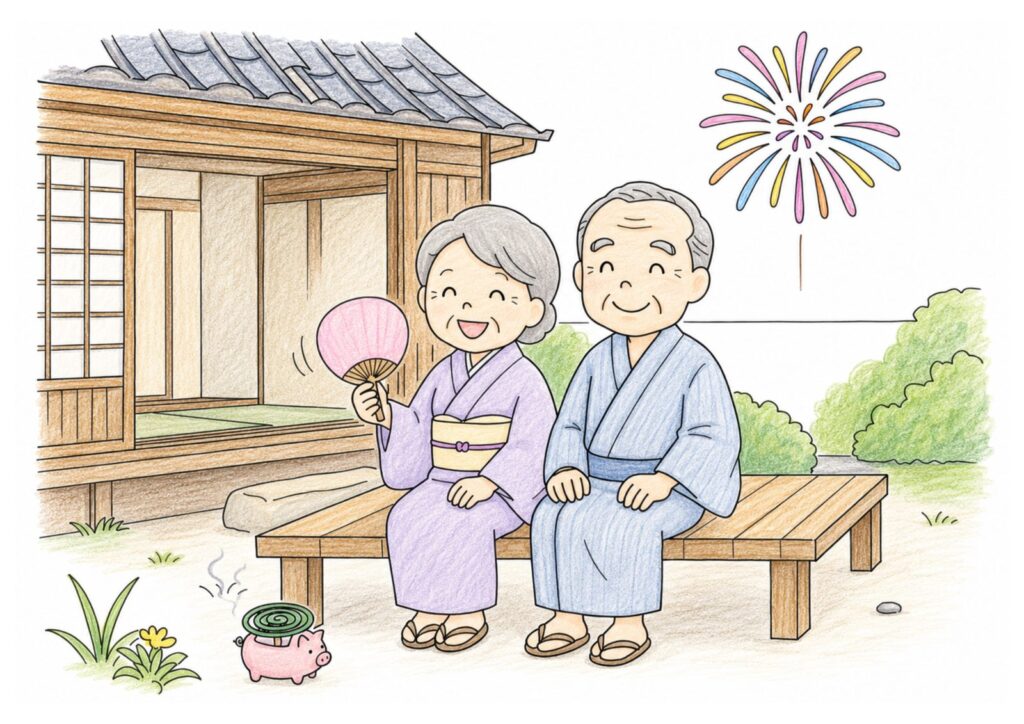 庭で花火を見る夫婦の塗り絵イラスト カラー見本（無料・印刷OK）