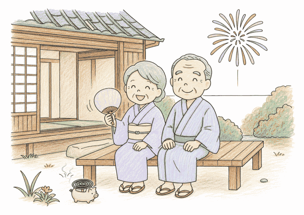 庭で花火を見る夫婦の塗り絵 カラー見本