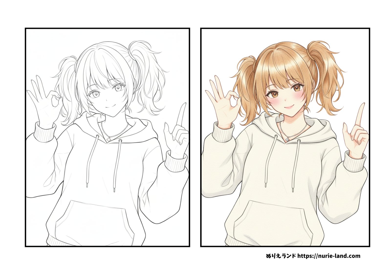 ギャル風ツインテール女子２の塗り絵イラスト カラー見本（無料・印刷OK）