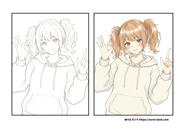 ギャル風ツインテール女子２の塗り絵イラスト