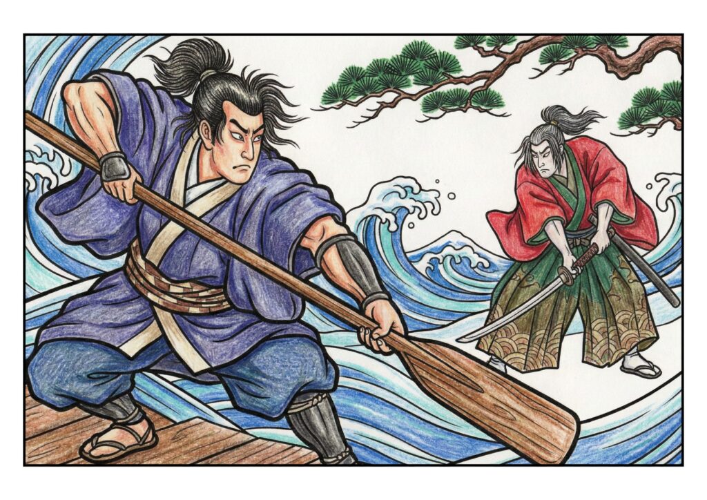 浮世絵風「巌流島の戦い」の塗り絵イラスト カラー見本（無料・印刷OK）