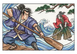 浮世絵風「巌流島の戦い」の塗り絵イラスト カラー見本（無料・印刷OK）