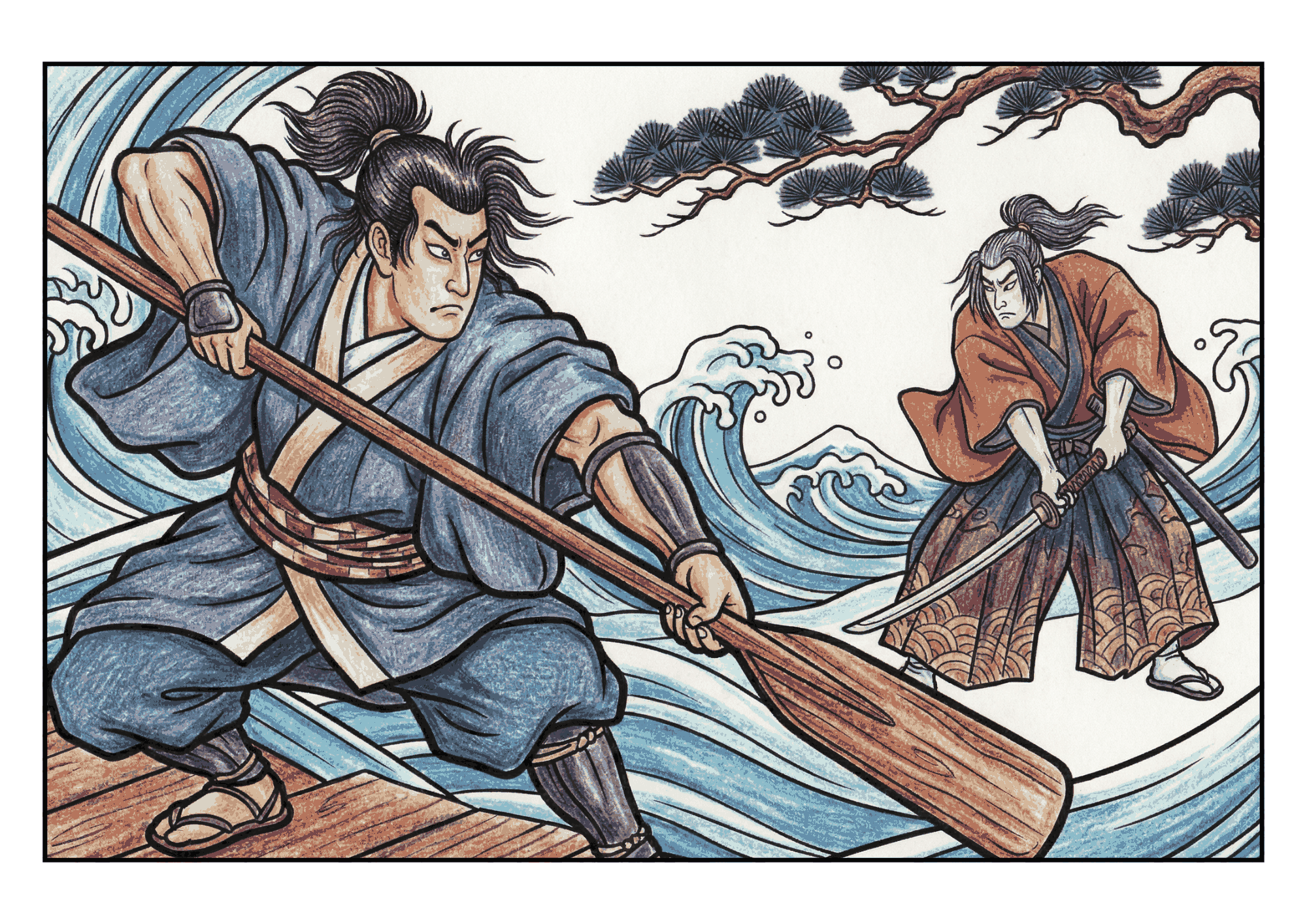 巌流島の戦い塗り絵イラスト無料ダウンロード|大人向けフリー画像素材