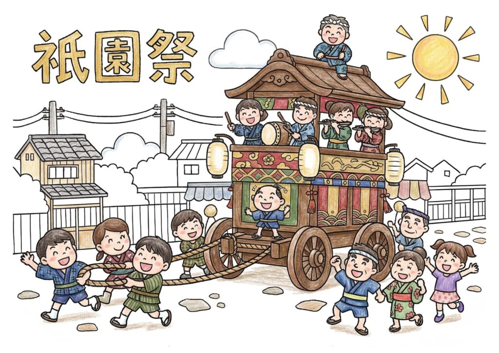 祇園祭（山鉾巡行）の塗り絵イラスト カラー見本（無料・印刷OK）
