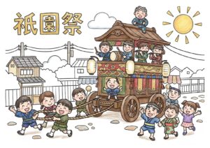 祇園祭（山鉾巡行）の塗り絵イラスト カラー見本（無料・印刷OK）