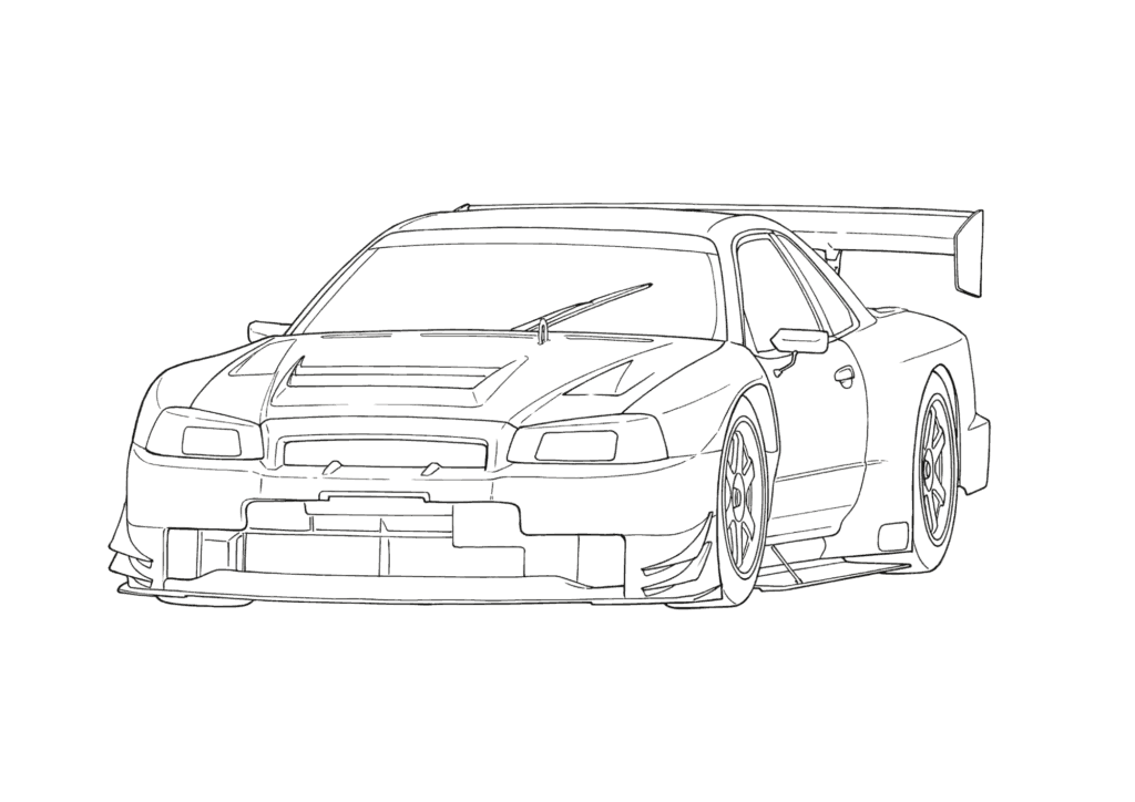 GTRレーシングカーの無料ぬりえイラスト｜大人向け｜リアル線画｜趣味・ストレス解消に最適な塗り絵素材