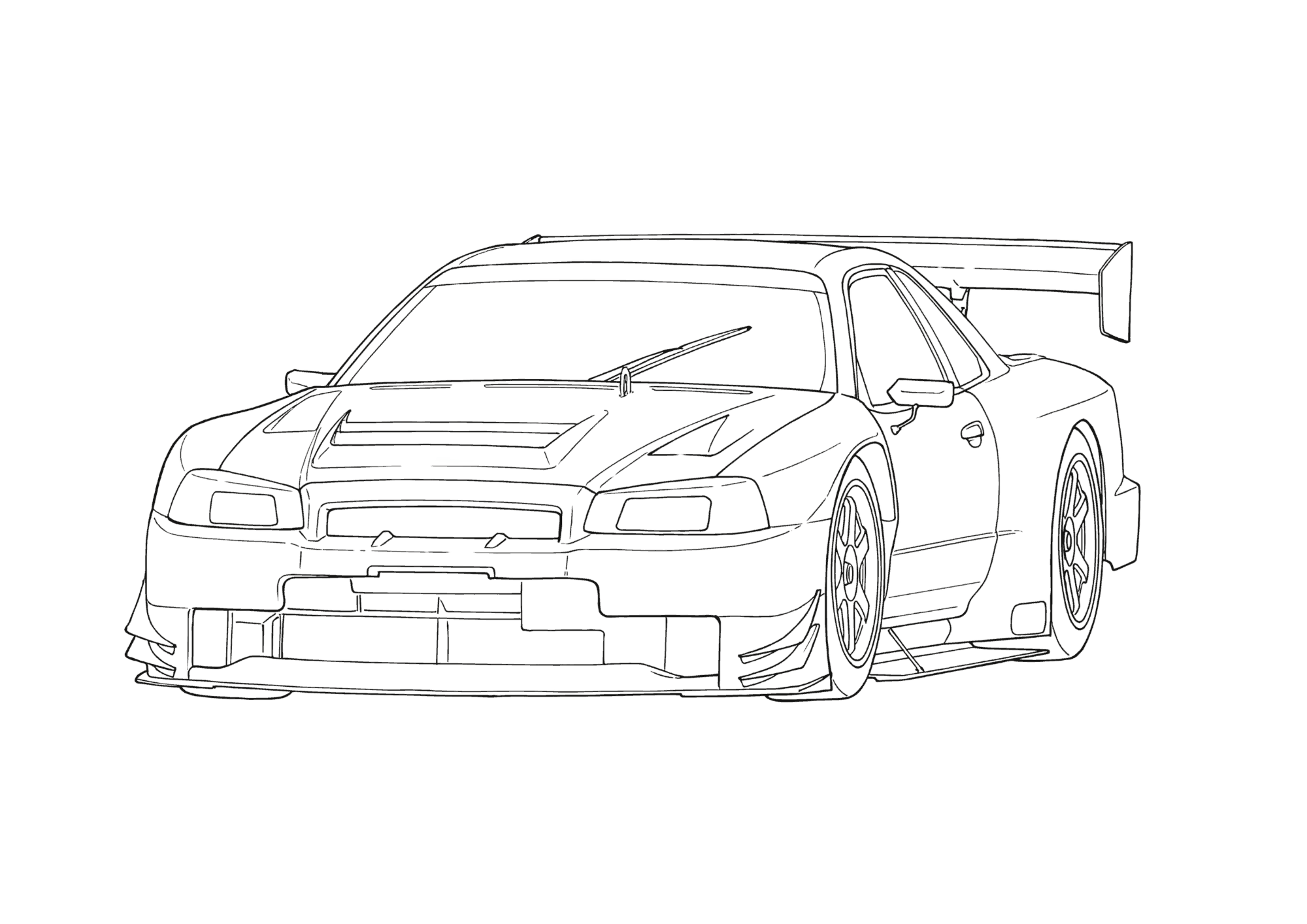 GTRレーシングカーの無料ぬりえイラスト|大人向け|リアル線画|趣味・ストレス解消に最適な塗り絵素材