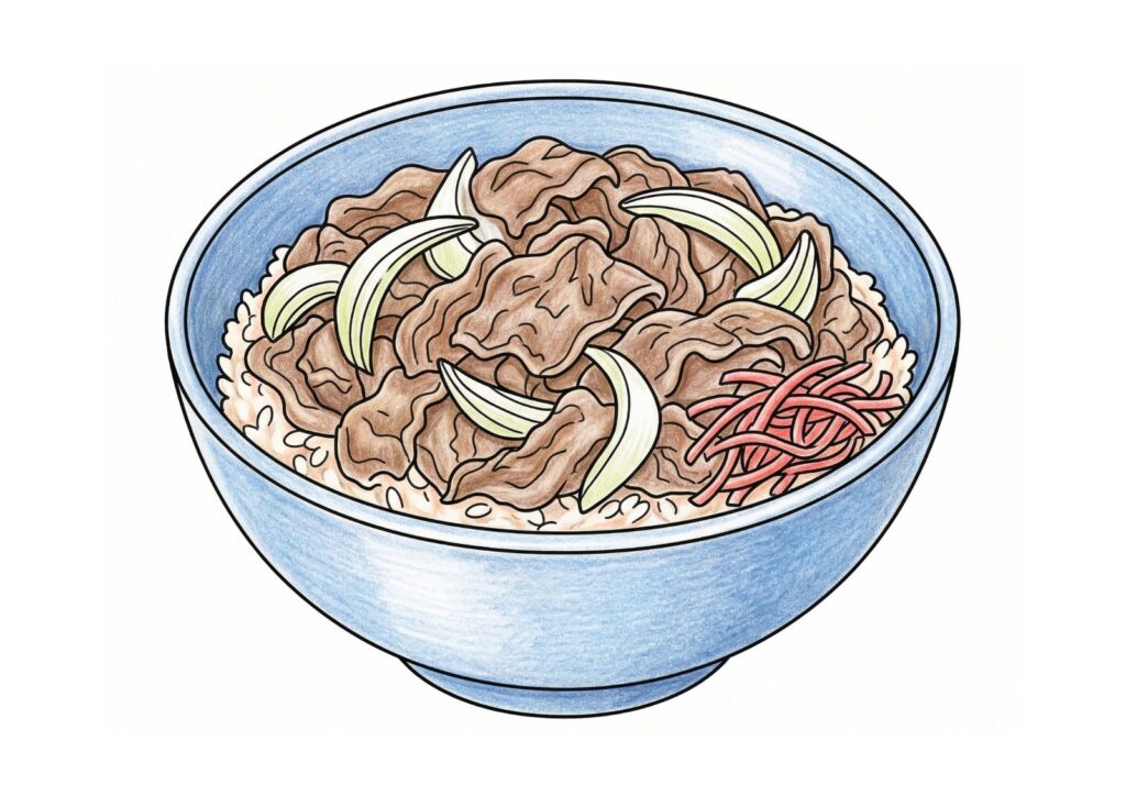 牛丼の塗り絵イラスト カラー見本（無料・印刷OK）