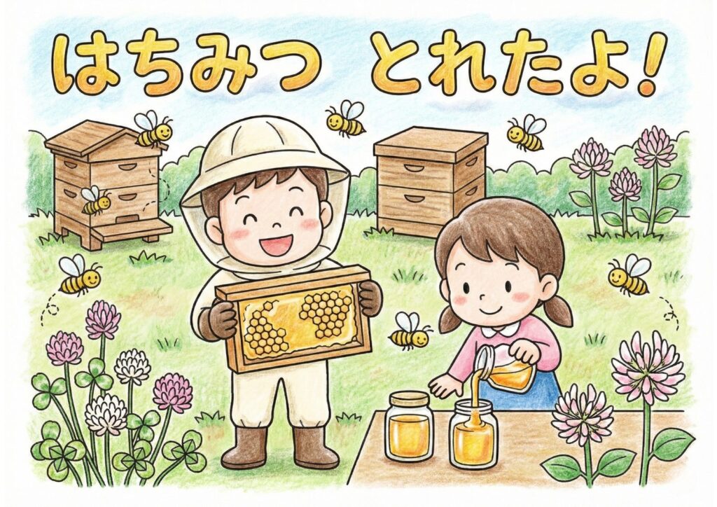 はちみつとミツバチの塗り絵イラスト カラー見本（無料・印刷OK）