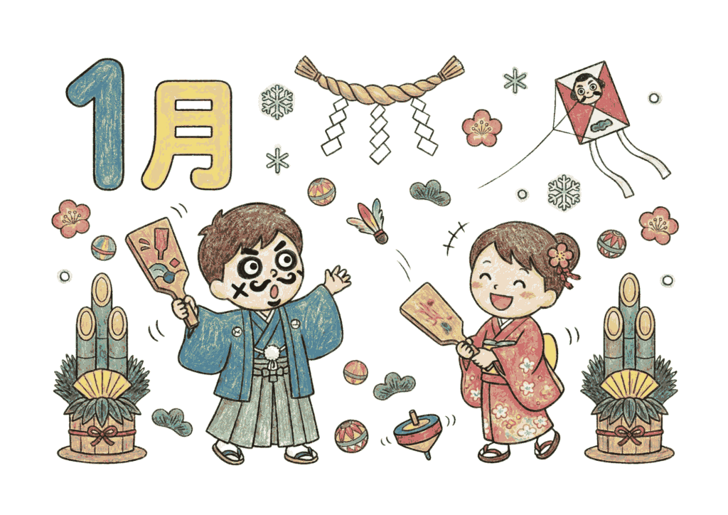 1月の塗り絵イラスト｜羽子板あそび｜無料ダウンロード｜フリー画像｜子供・高齢者向け素材