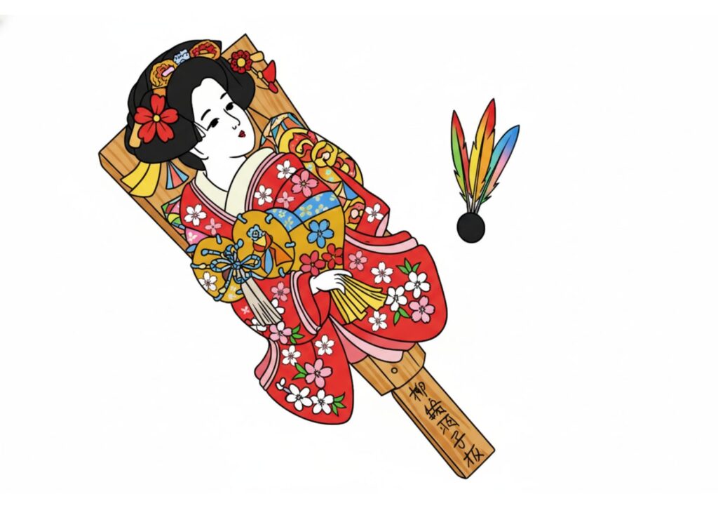 正月の羽子板の塗り絵イラスト カラー見本（無料・印刷OK）