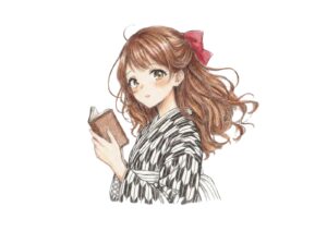 矢絣の着物と本の少女の塗り絵イラスト カラー見本（無料・印刷OK）