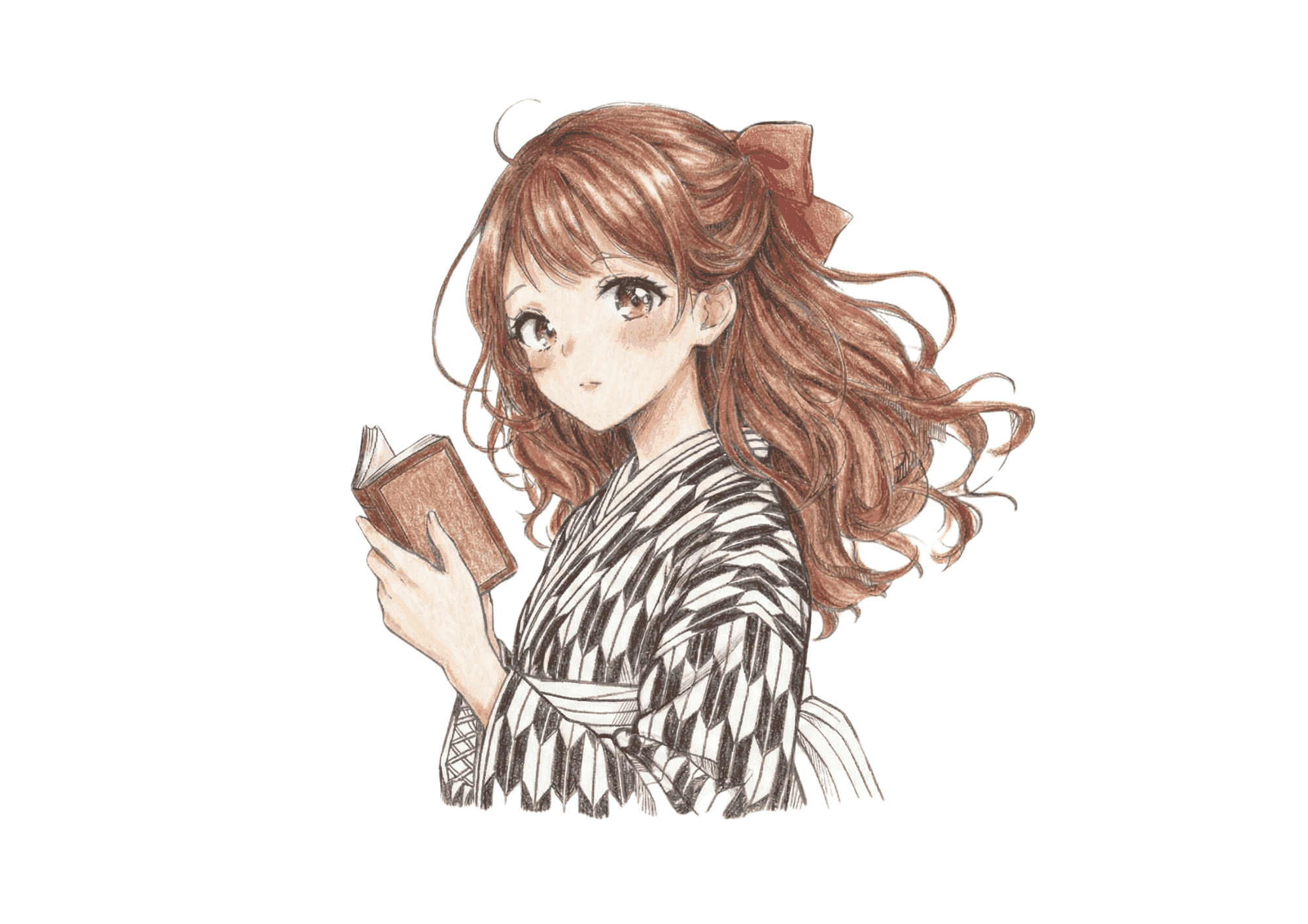 矢絣の着物と本の少女の塗り絵イラスト｜子供向け 無料ダウンロード（塗り絵フリー画像素材）