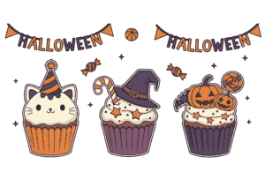 ハロウィンのカップケーキぬりえ｜幼児向け｜かわいく楽しい10月素材｜無料ダウンロード対応