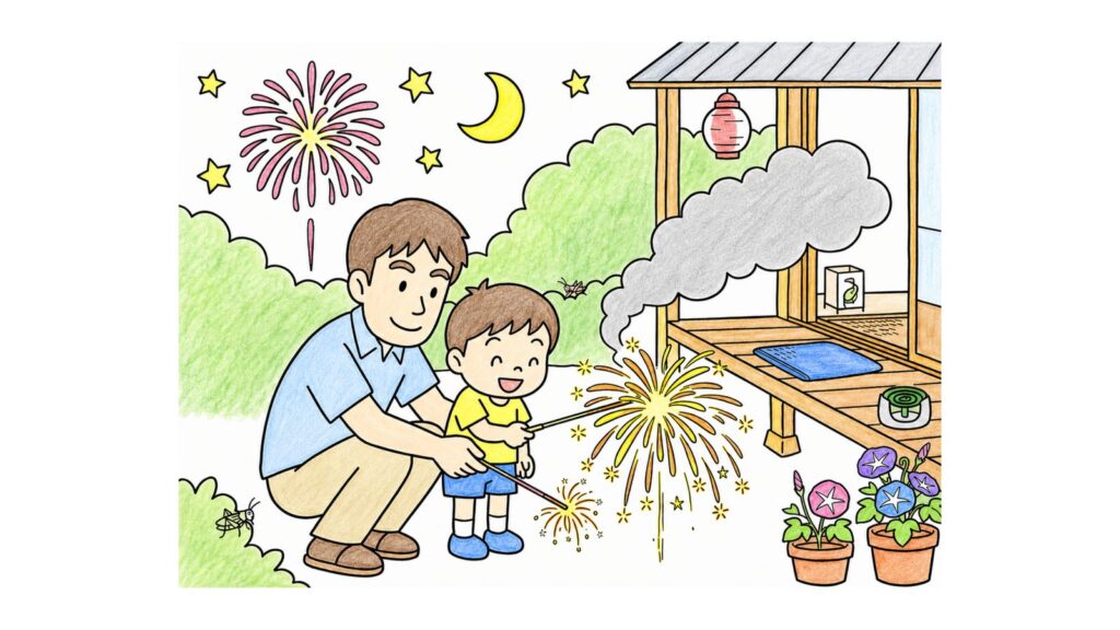 花火（夏の夜）の塗り絵イラスト カラー見本（無料・印刷OK）