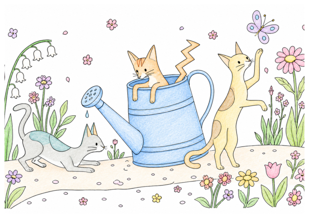 花畑の猫たちの塗り絵イラスト カラー見本（無料・印刷OK）