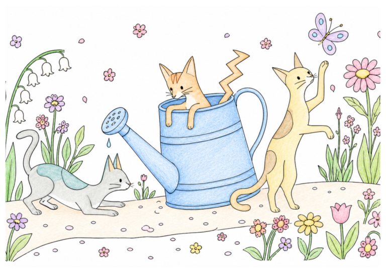 花畑の猫たちの塗り絵イラスト