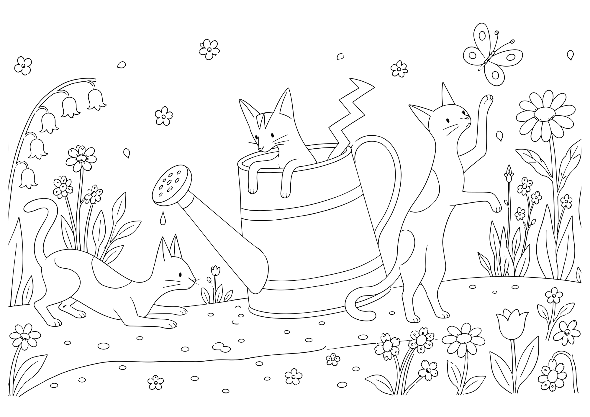 花畑の猫たちの塗り絵イラスト 白黒線画 印刷用（無料）