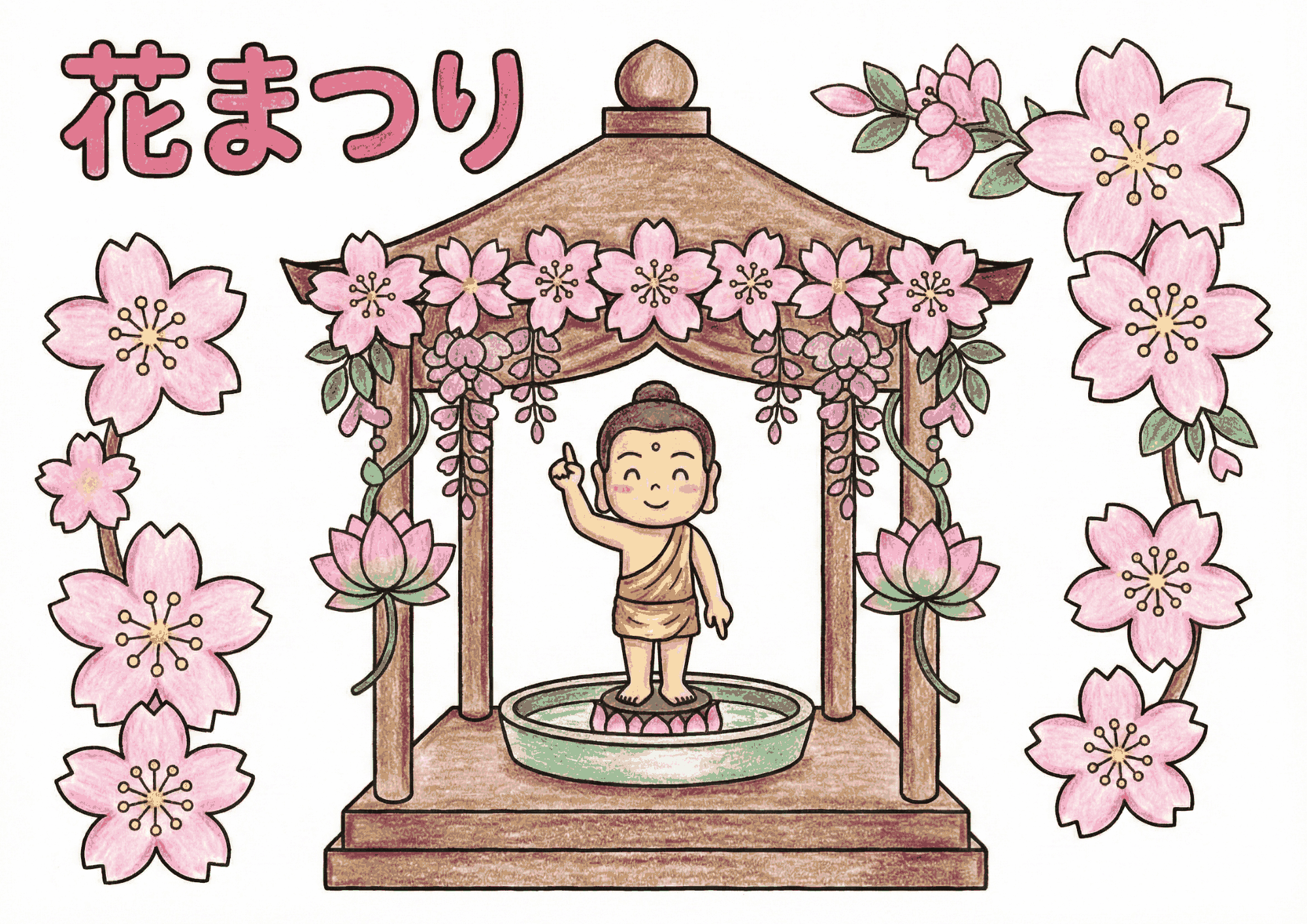 花まつりのお釈迦さま塗り絵イラスト無料ダウンロード用フリー画像素材