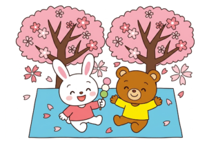 うさぎとくまのお花見の塗り絵イラスト