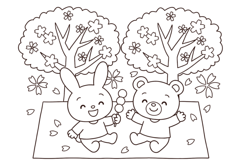 Rabbit and bear hanami picnic coloring page, black-and-white line art, free to download and print