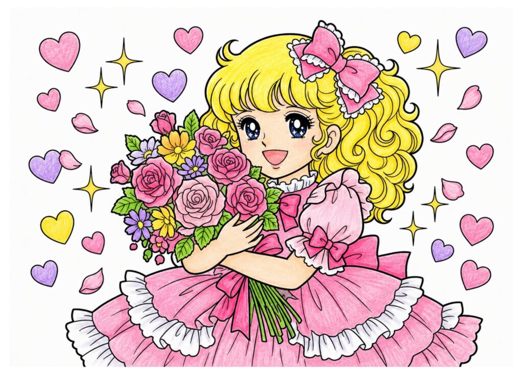 花束プリンセスの塗り絵イラスト カラー見本（無料・印刷OK）