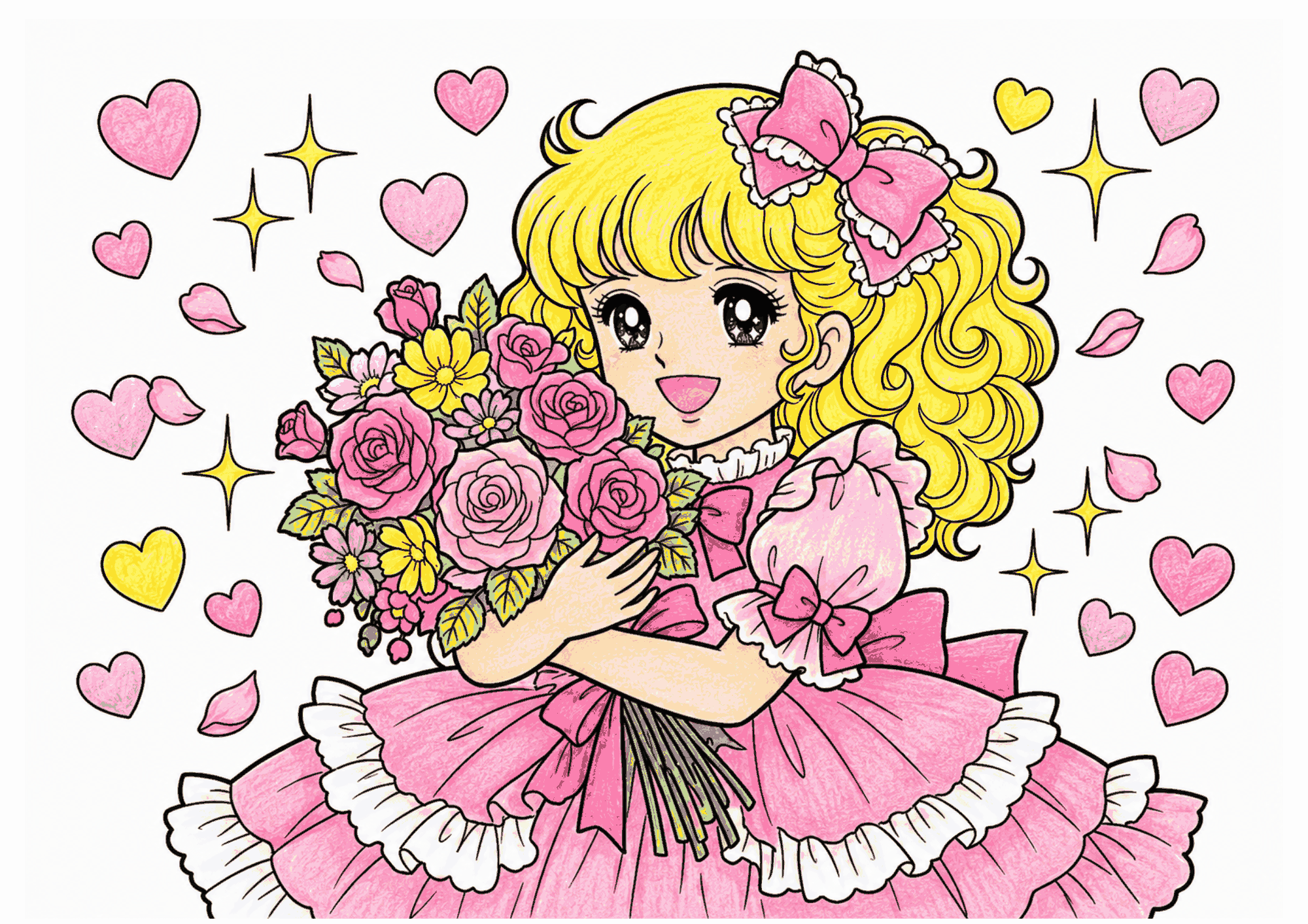 花束プリンセスの塗り絵イラスト｜高齢者向け 無料ダウンロード・印刷OK