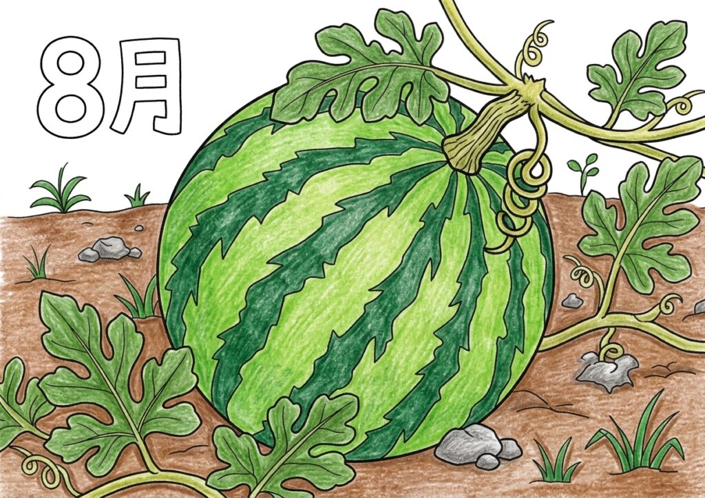 畑のスイカの塗り絵イラスト カラー見本（無料・印刷OK）