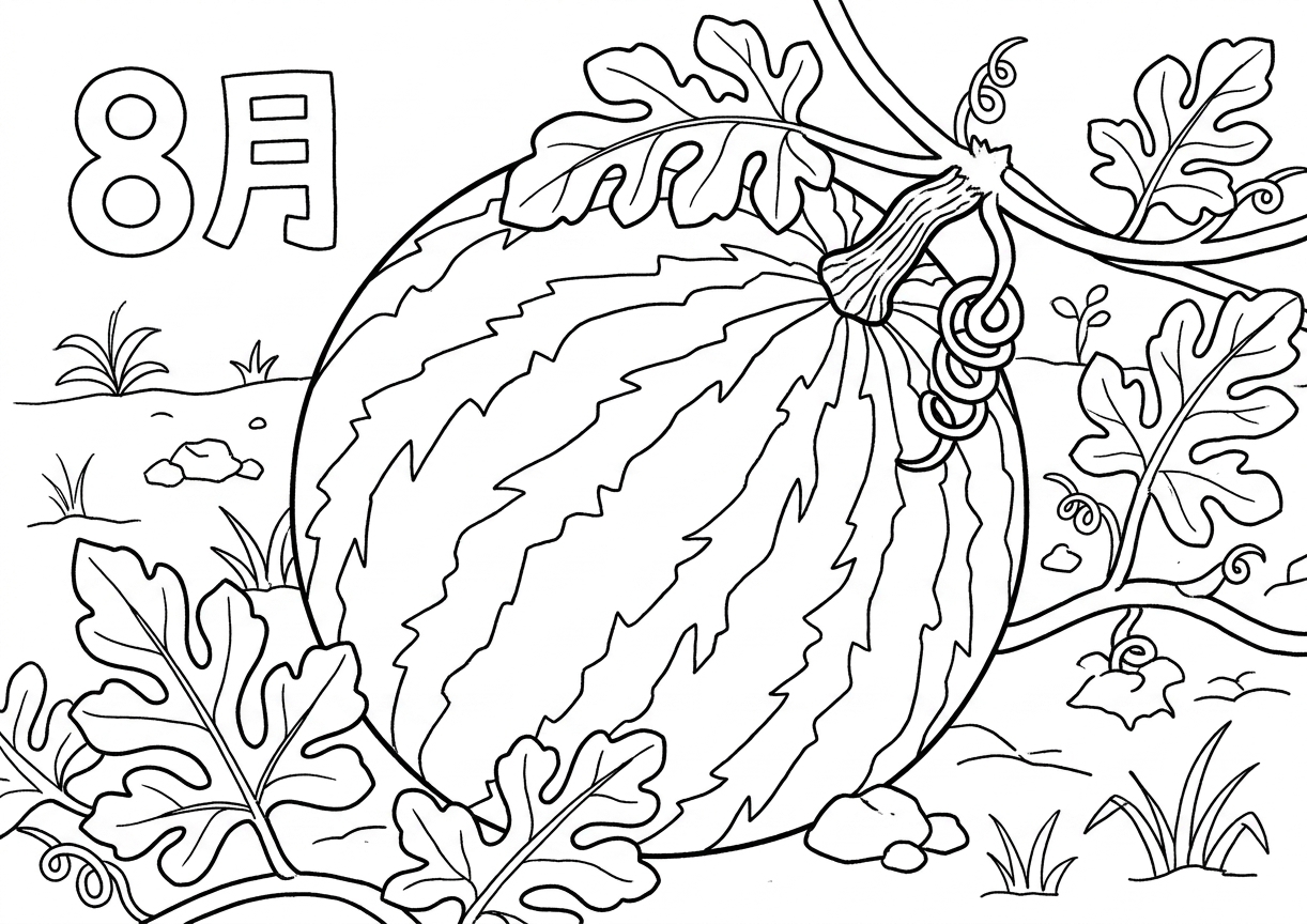 畑のスイカの塗り絵イラスト 白黒線画 印刷用(無料)