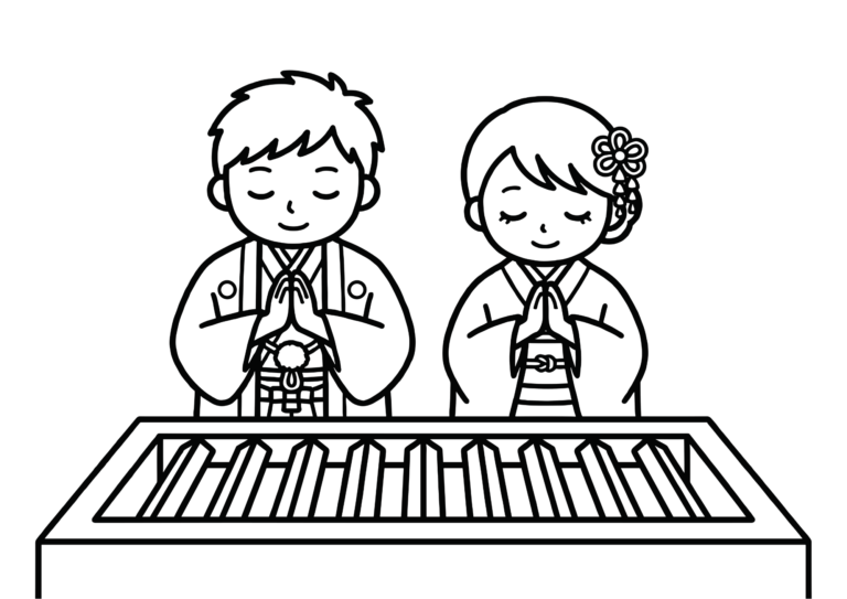 Hatsumode coloring page, black and white line art, free printable