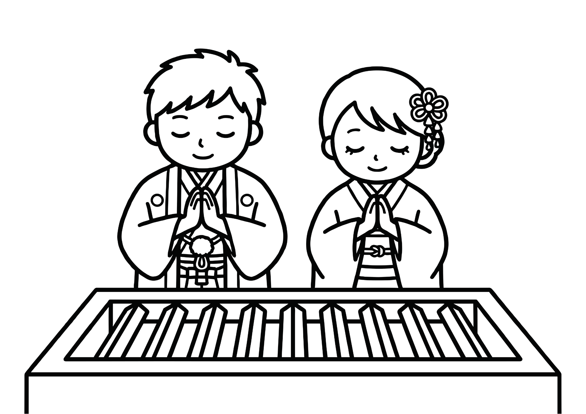 初詣の塗り絵イラスト 白黒 無料ダウンロード 印刷用