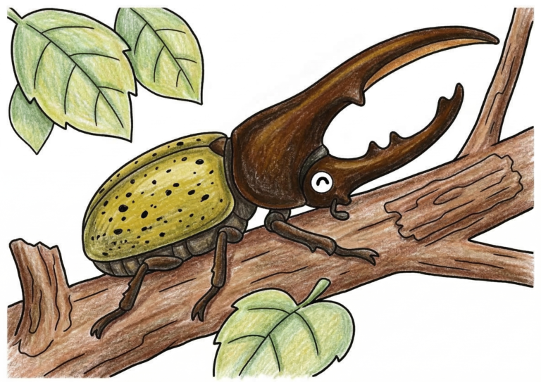 ヘラクレスオオカブトの塗り絵イラスト カラー見本 木の枝 昆虫