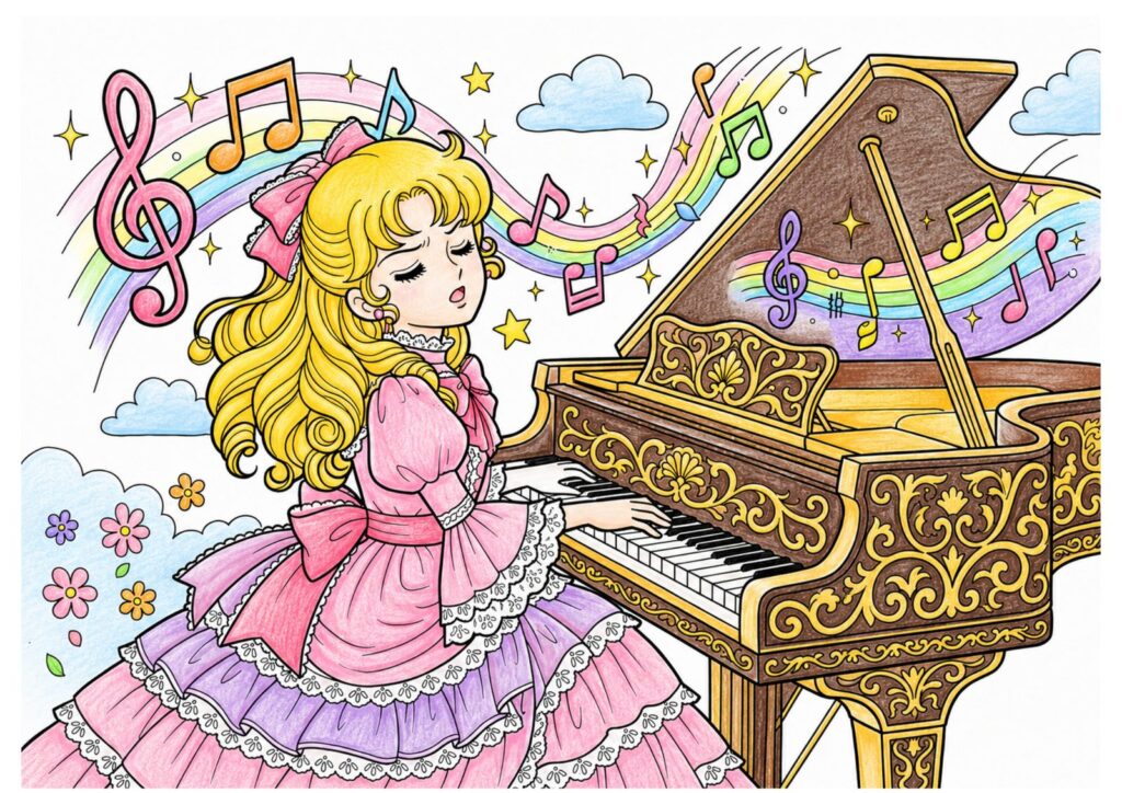 ピアノを弾くプリンセスの塗り絵イラスト カラー見本（無料・印刷OK）