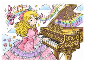 ピアノを弾くプリンセスの塗り絵イラスト カラー見本（無料・印刷OK）