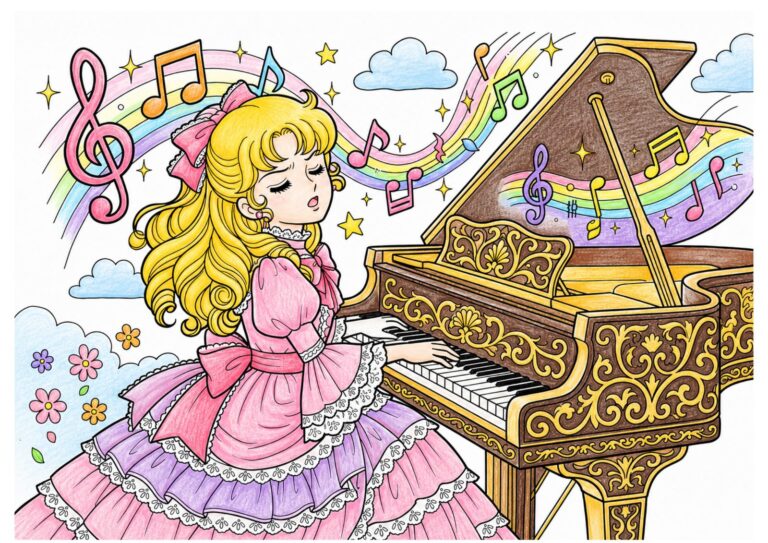 ピアノを弾くプリンセスの塗り絵イラスト