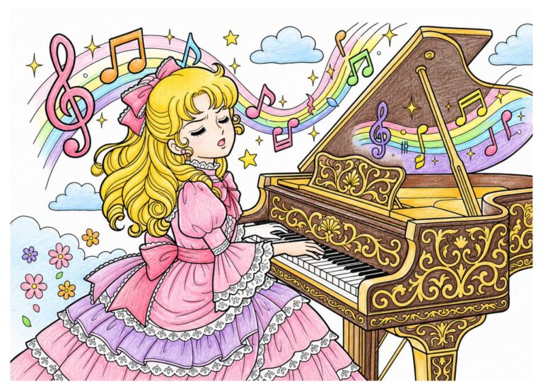 ピアノを弾くプリンセスの塗り絵 カラー見本