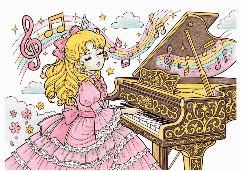 ピアノを弾くプリンセスの塗り絵 カラー見本