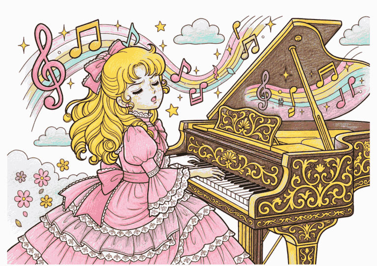 ピアノを弾くプリンセスの塗り絵イラスト